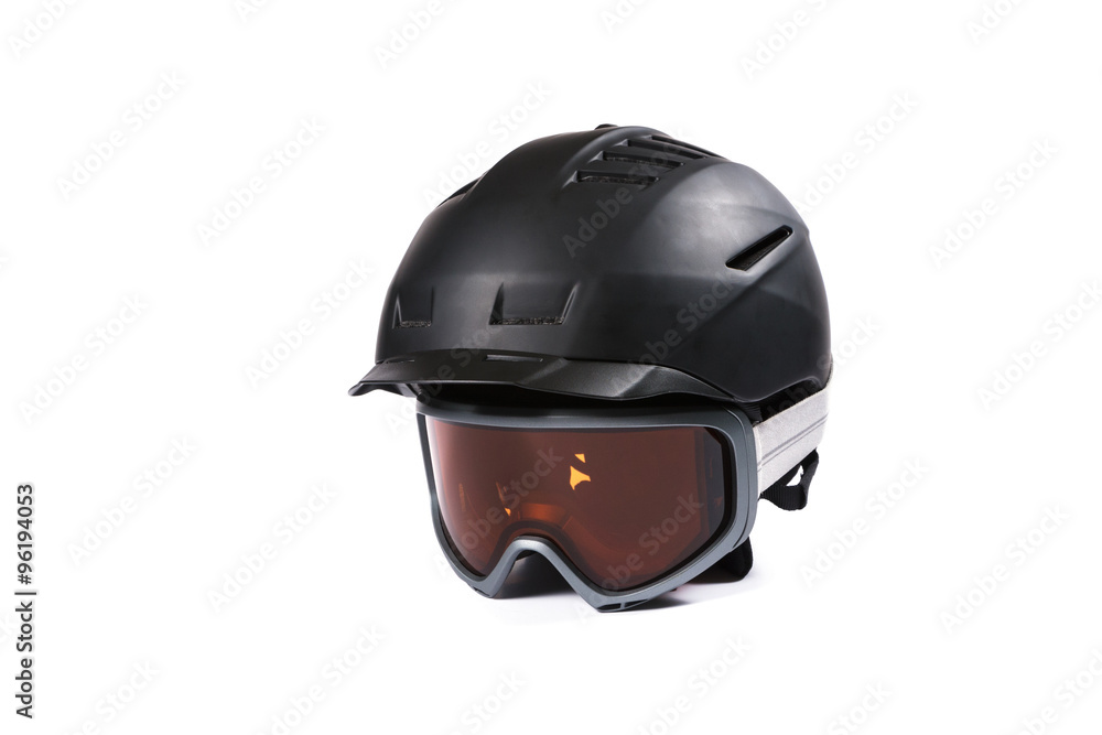 Black ski and snowboard helmet and glasses Black ski and snowboard helmet and glasses