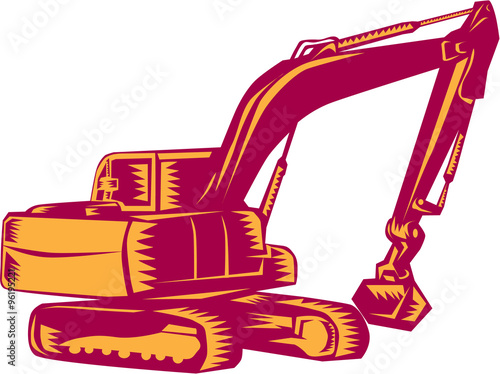 Mechanical Digger Excavator Woodcut