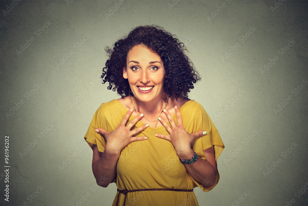 happy woman looking excited, surprised in full disbelief, hands on chest, it's me? happy woman looking excited, surprised in full disbelief, hands on chest, it's me?