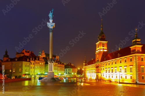 Castle Square at night in Warsaw, Poland.