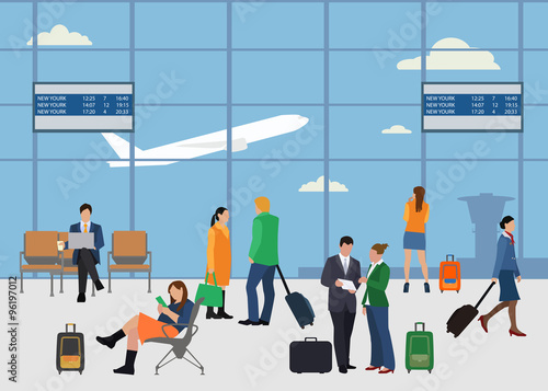 People in airport flat style design. Man and woman talking at the airport. Business people in airport. Business travel concept