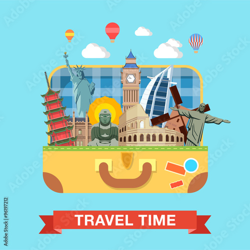 Flat vector suitcase famous sights landmarks travel tourism