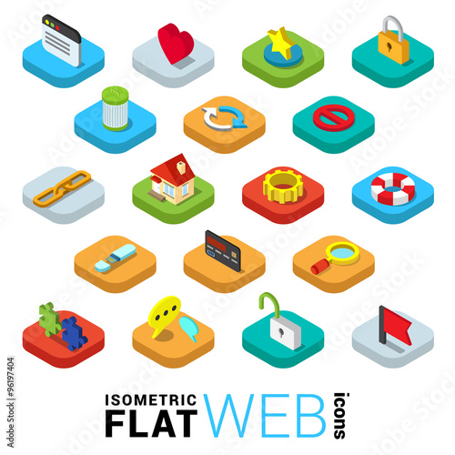 Web surfing mobile app flat 3d icons: window like favorite lock