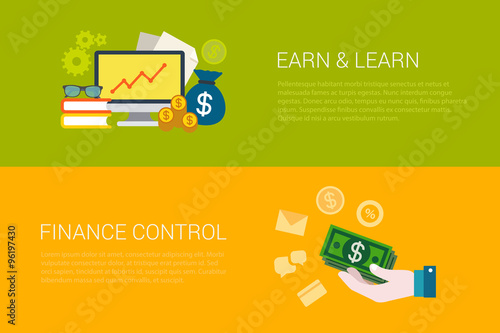 Flat vector set of online earn learn finance control web banners