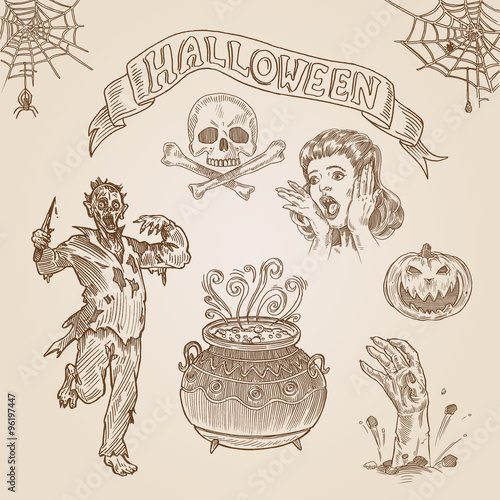 Halloween party engraving hand drawn template vintage vector