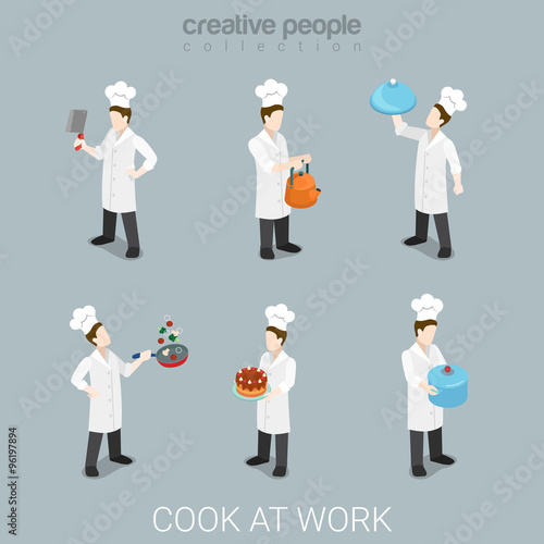 Cook work chief cooking uniform tools flat 3d isometric vector