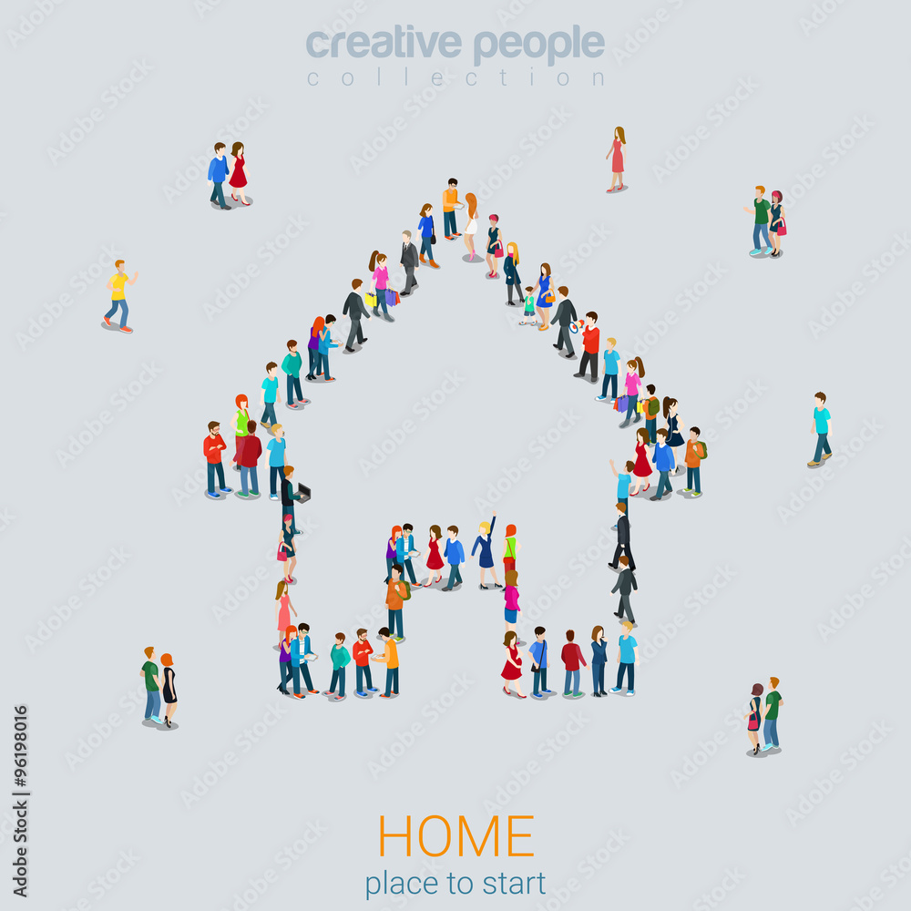 Home sign shape people crowd flat 3d isometric vector