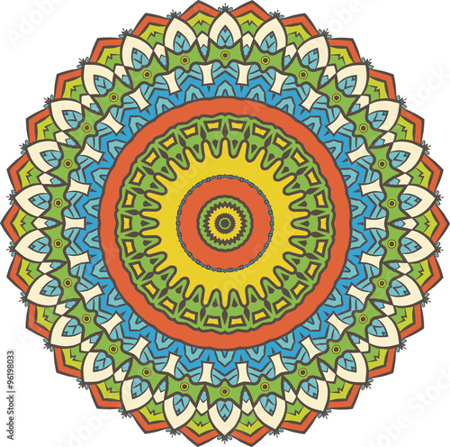 Ethnic Fractal Mandala Vector Meditation looks like Snowflake or Maya Aztec Pattern or Flower too Isolated on White Colorful