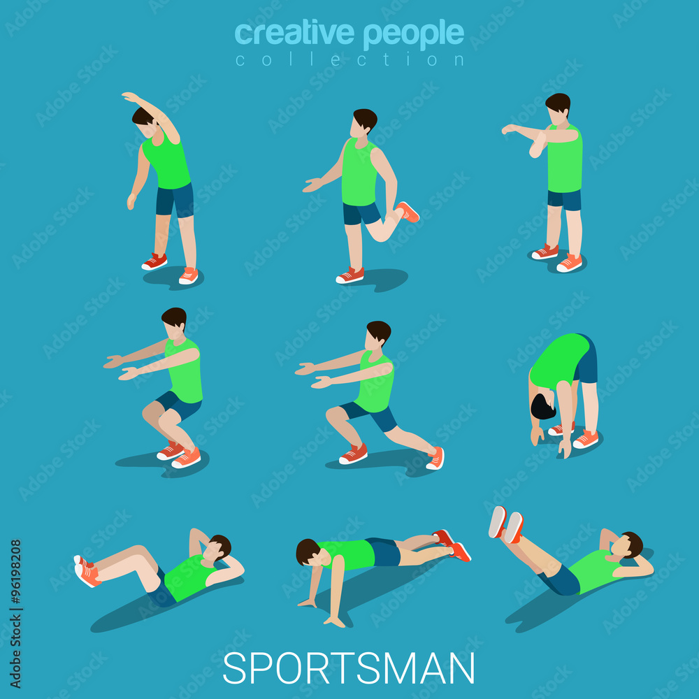 Sportsmen male sport exercise athlete flat 3d isometric vector