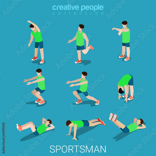 Sportsmen male sport exercise athlete flat 3d isometric vector