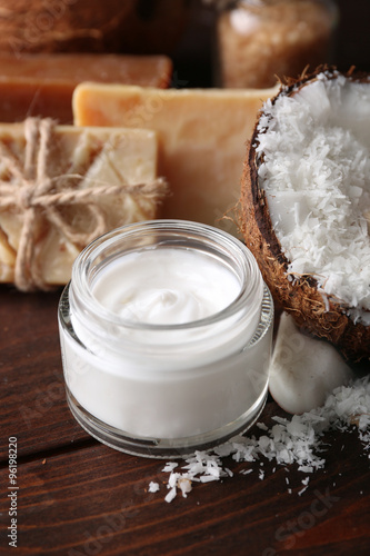 Photography Spa coconut products on dark wooden background