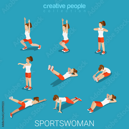 Sportswomen athlete sport exercise female flat isometric vector