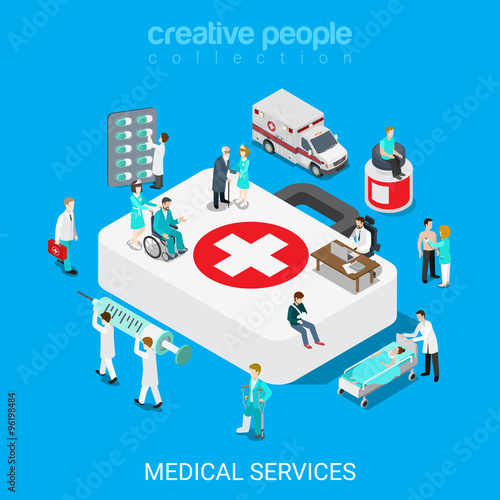 Medical services doctor nurse first aid flat 3d isometric vector