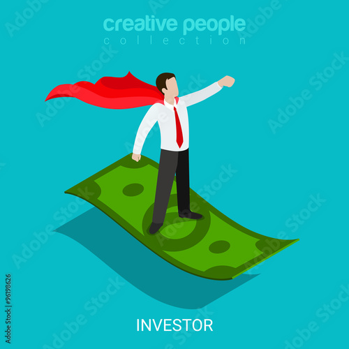 Investor funding evangelist super hero flat 3d isometric vector