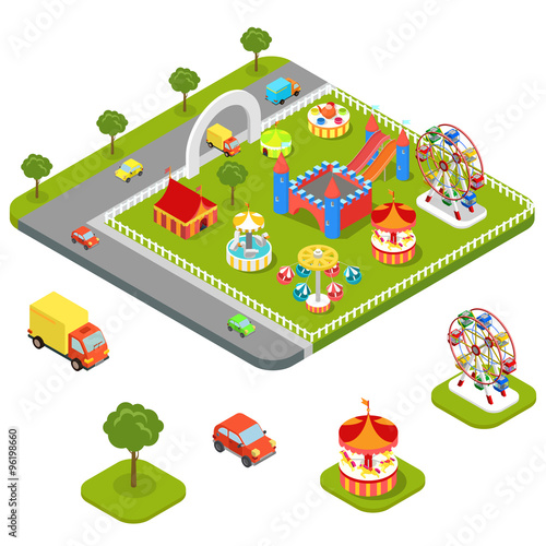 Carousel attraction leisure entertainment park flat 3d isometric