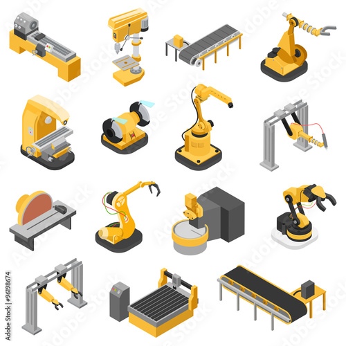 Heavy industry machinery assembly line flat 3d isometric vector