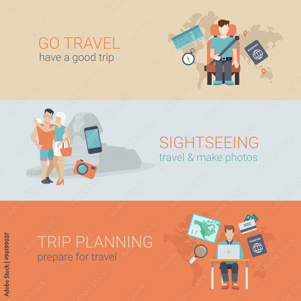 Flat style website slider banner go travel sightseeing trip planning concept