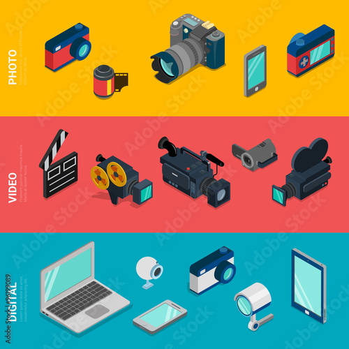 Flat isometric vector digital electronics photo video equipment