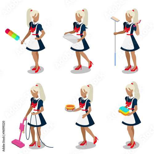 Sexy female housemaid maid cleaner flat 3d isometric vector