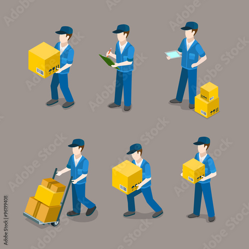 Delivery man at work package flat 3d isometric vector