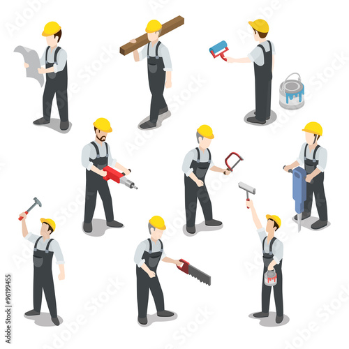 Builder carpenter construction worker flat 3d isometric vector