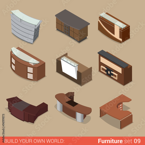 Office reception table room flat vector isometric furniture