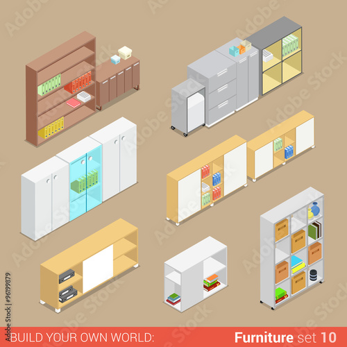 Office cupboard folder shelf flat vector isometric furniture