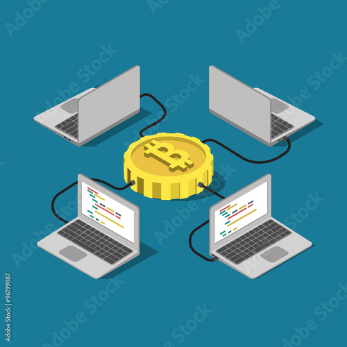Bitcoin network connection online mining flat vector isometric