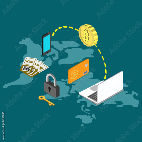 Bitcoin secure worldwide payment money flat vector isometric 3d