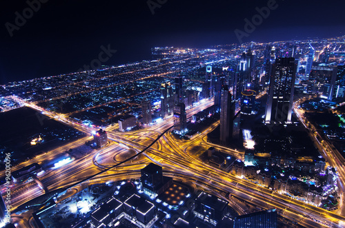 downtown dubai futuristic city neon lights and sheik zayed road shot from the worlds tallest tower burj khalifa