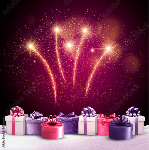 Beautiful festive background with fireworks and new year's prese