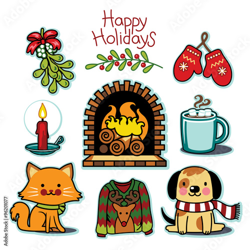 Cozy winter set, happy holiday illustration collection