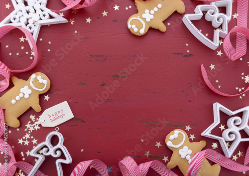 Christmas background on red wood table.