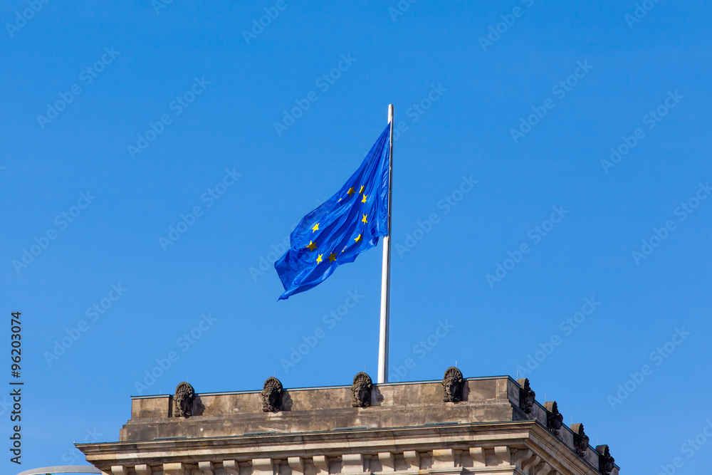 Flag of European Union.  EU Flag towards blue sky