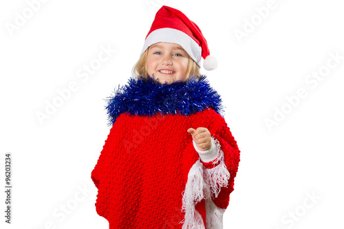  little girl in a hat Santa Claus on white background.