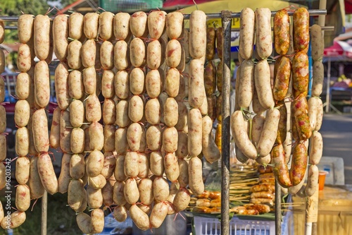 Traditional Thai Style Grilled Sausage (Thai sausage) on Street Market in Thailand
