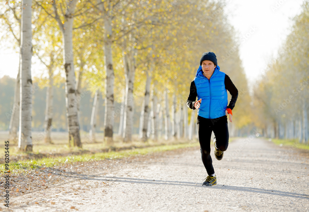 Obraz premium sport man running outdoors in off road trail ground with trees under beautiful Autumn sunlight