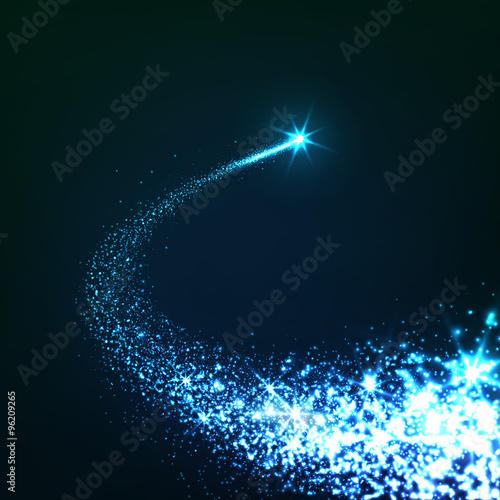 Abstrakte, Neon Blau leuchtende, Sternschnuppe mit Schweif auf dunklem Hintergrund. Silvester, Signalrakete, Rakete, Feuerwerk, Leuchtkugel. Komet, Meteorit und Asteroid - Schnuppe.