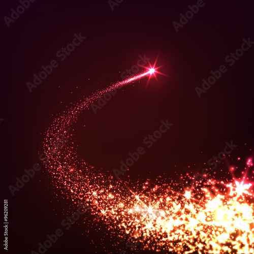Abstrakte, Neon Rot leuchtende, Sternschnuppe mit Schweif auf dunklem Hintergrund. Silvester, Signalrakete, Rakete, Feuerwerk, Leuchtkugel. Komet, Meteorit und Asteroid - Schnuppe.
