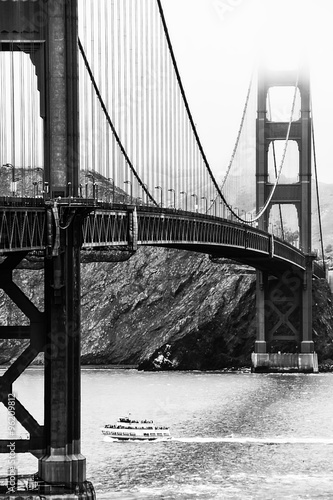 Golden Gate bridge in black and white with foggy sky in winter