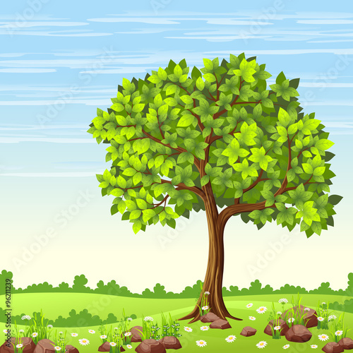 Summer landscape with tree and flowers