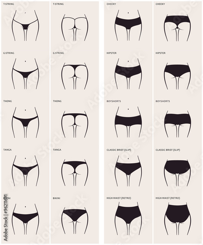 10 types of women's panties. Vector set of underwear. Silhouette