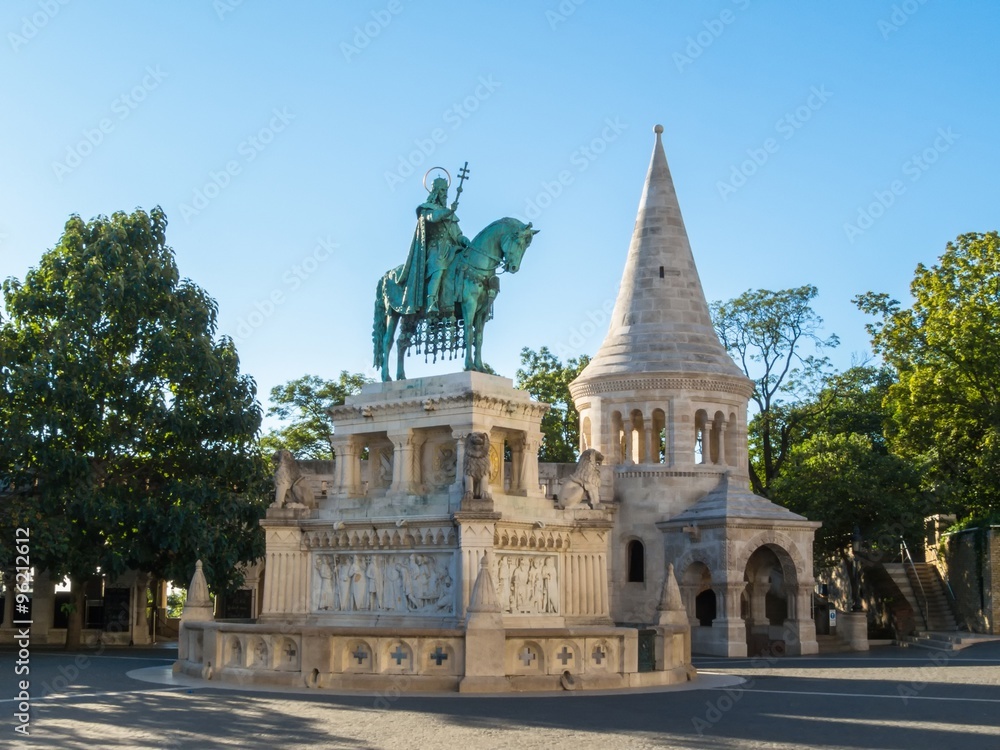 Saint Ishtvan's statue is established within the walls of the Fisherman's Bastion in Budapest, Hungary