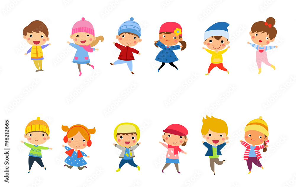Cute happy children jumping together with winter fashion clothes Cute happy children jumping together with winter fashion clothes