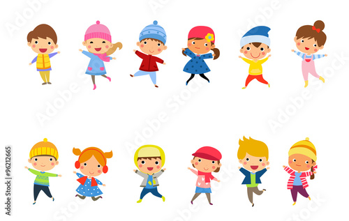 Cute happy children jumping together with winter fashion clothes