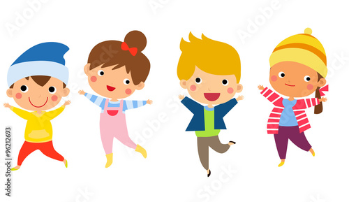 Cute happy children jumping together with winter fashion clothes