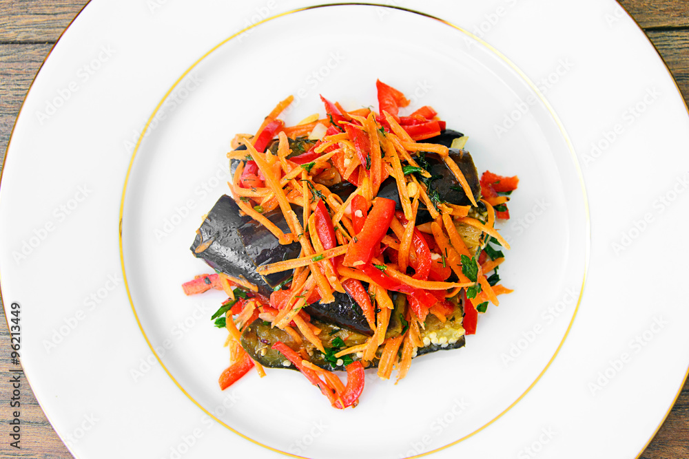 Diet and Healthy Food: Salad with Eggplant, Carrots. Diet and Healthy Food: Salad with Eggplant, Carrots.
