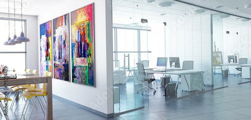 Konzept einer transparenten Büroarchitektur mit ansprechender Gestaltung des Besprechungsbereichs - panoramische 3D Visualisierung