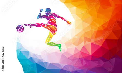 Creative silhouette of soccer player. Football player kicks the ball in trendy abstract colorful polygon style with rainbow back