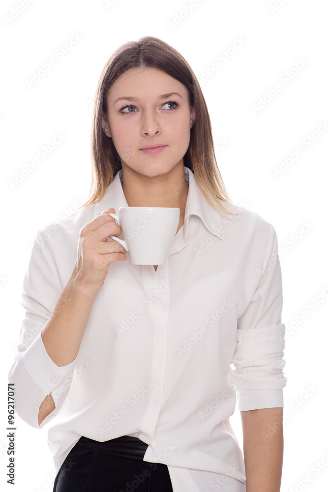 Beautiful girl with a cup of coffee isolated on white Beautiful girl with a cup of coffee isolated on white